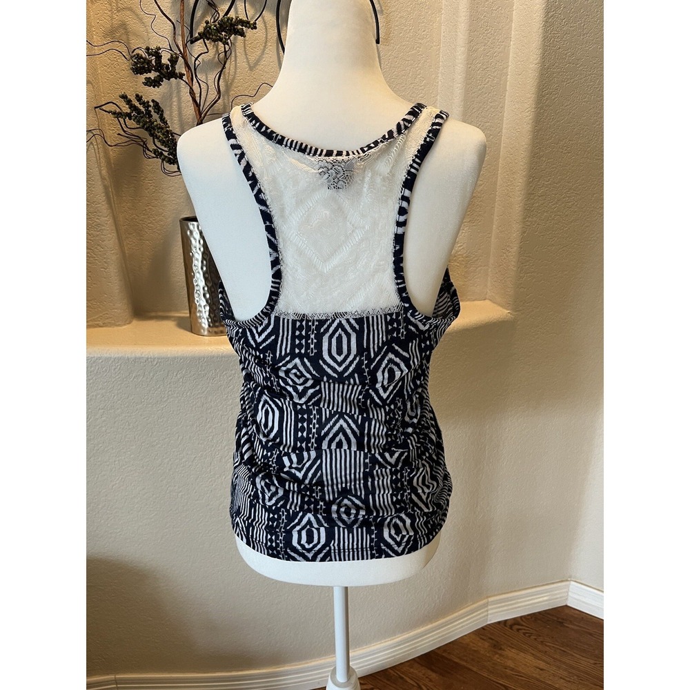 Vanity Tank Top Womens Medium Blue Excellent Lace Back Racerback Geometric
